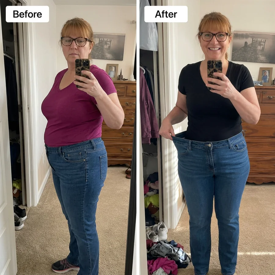 Seller marketing photo: the same person in a side-by-side before and after mirror selfie, pulling the waistband of loose jeans in the after photo