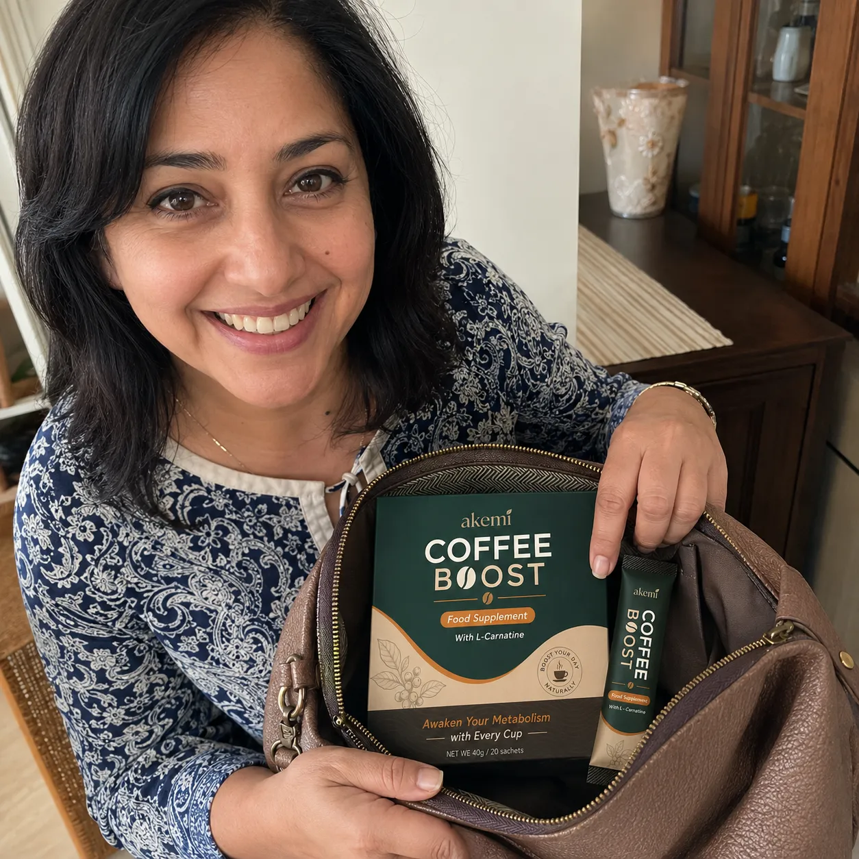 Seller photo: a woman holding a bag containing an Akemi Coffee Boost box and sachet