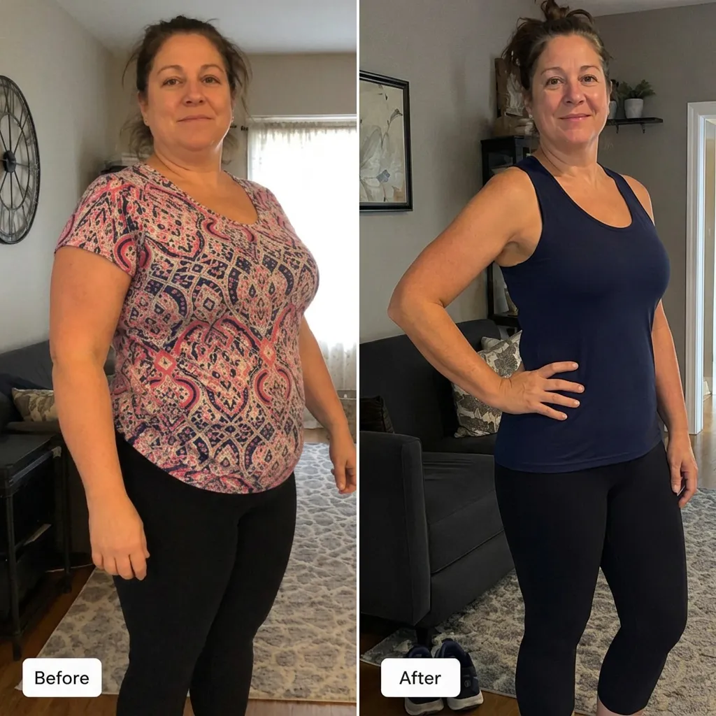 Seller before-and-after marketing image: a woman in a patterned top, labeled Before and After