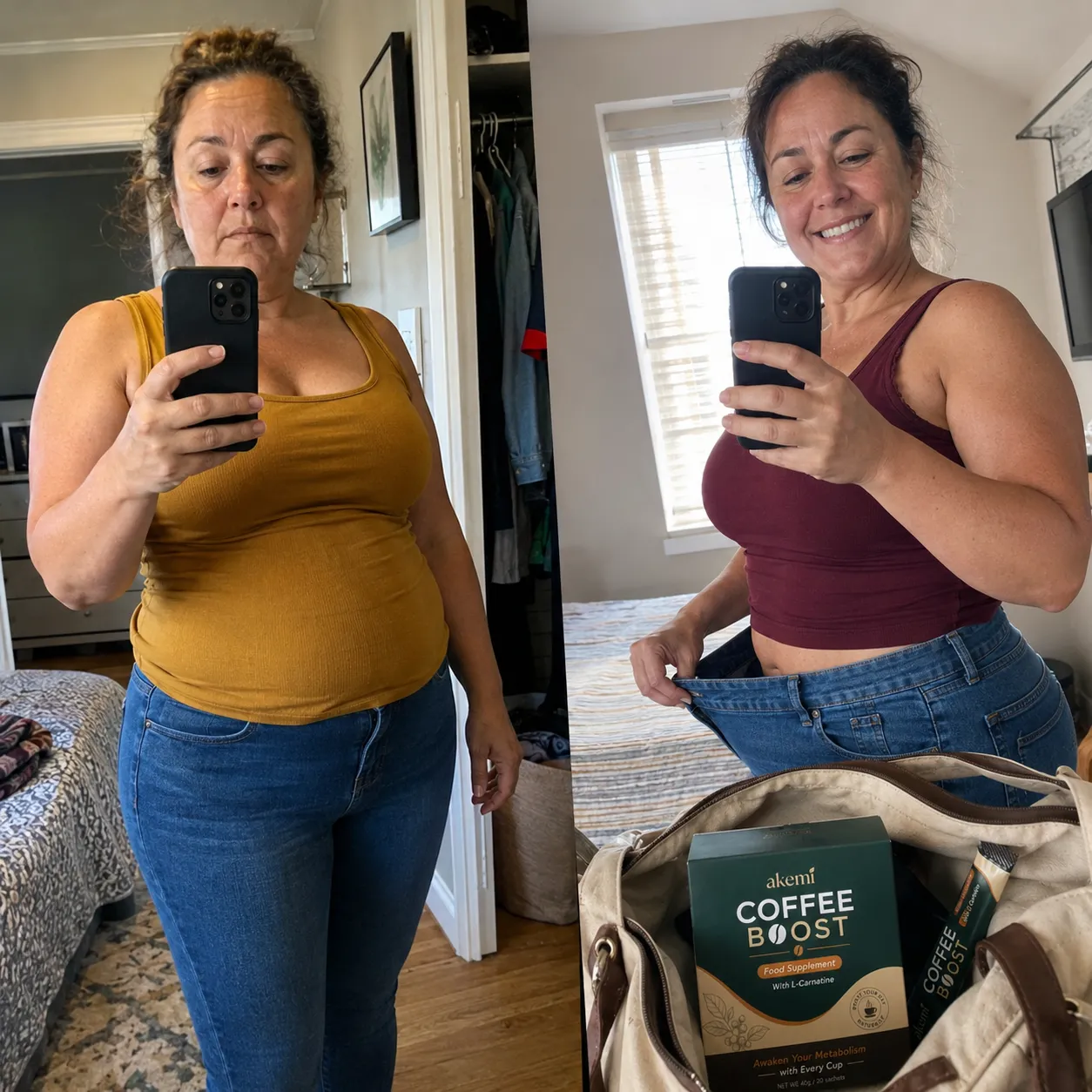 Seller before-and-after marketing image: mirror selfies of a woman, with product packaging visible in the after panel