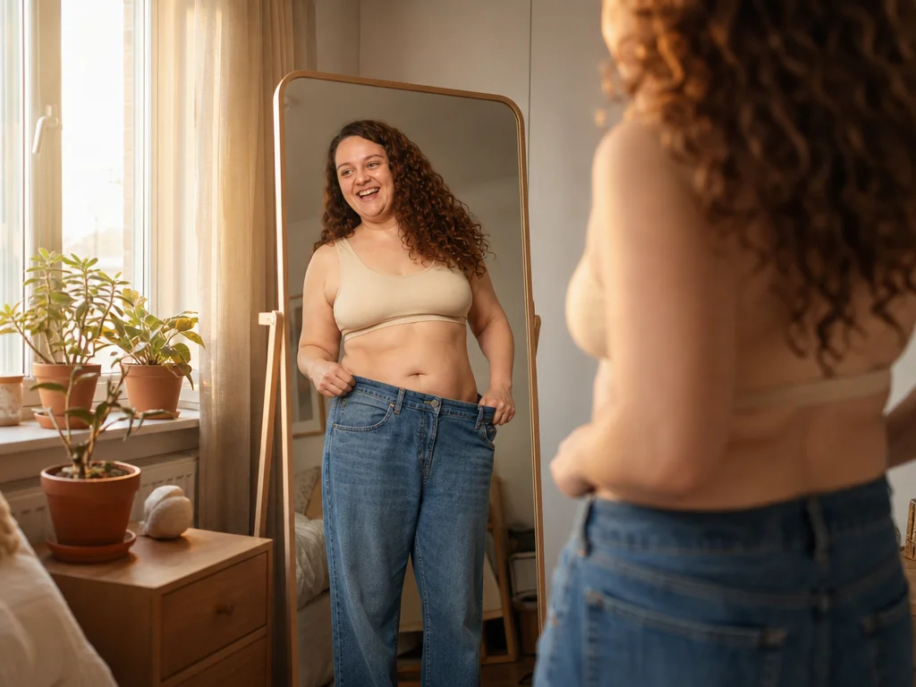 Seller marketing photo: a smiling woman holding out the loose waistband of her jeans in a mirror