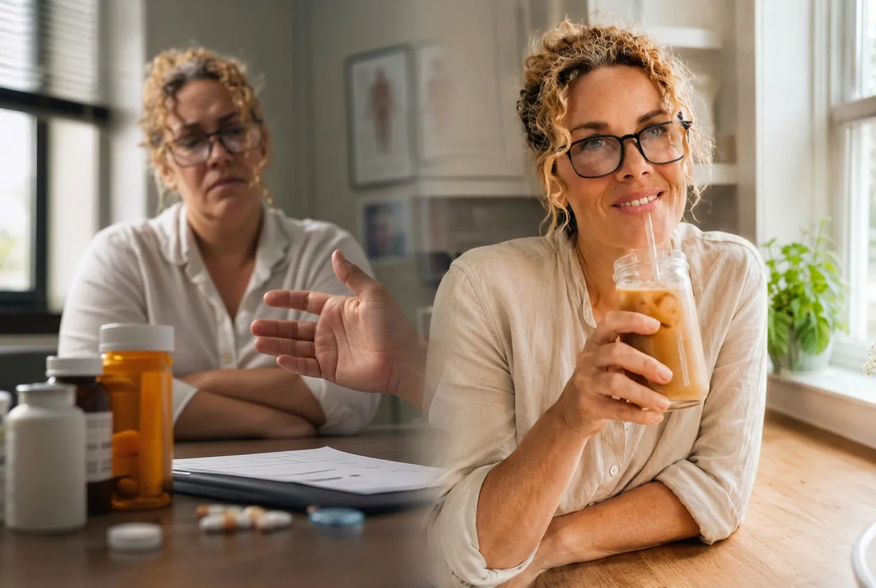 Seller lifestyle photo: a woman with a glass of iced coffee while another person gestures toward her