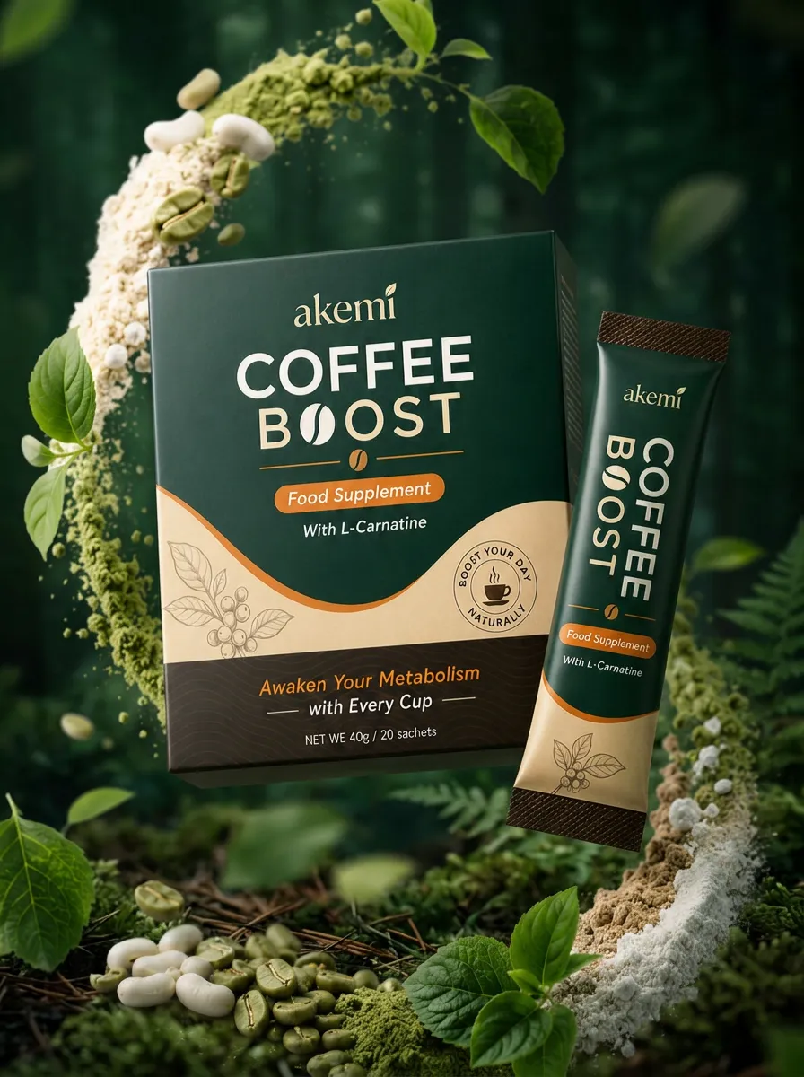 Seller product photo: Akemi Coffee Boost box and sachet styled against a dark botanical background