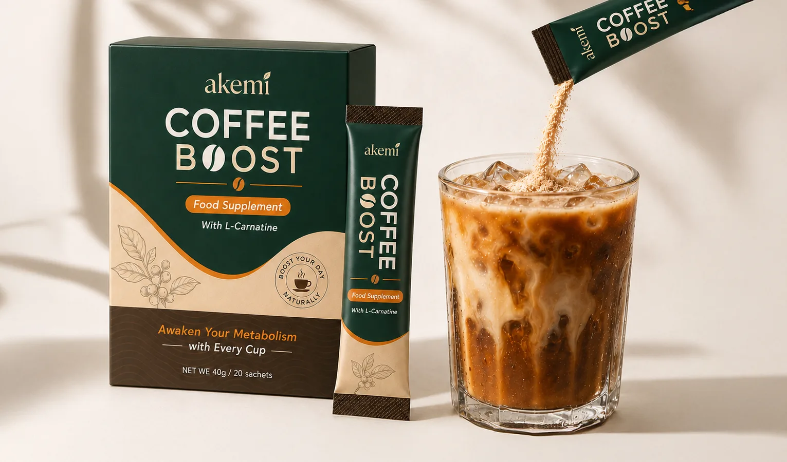 Seller product photo: Akemi Coffee Boost box and sachet beside a glass of iced coffee