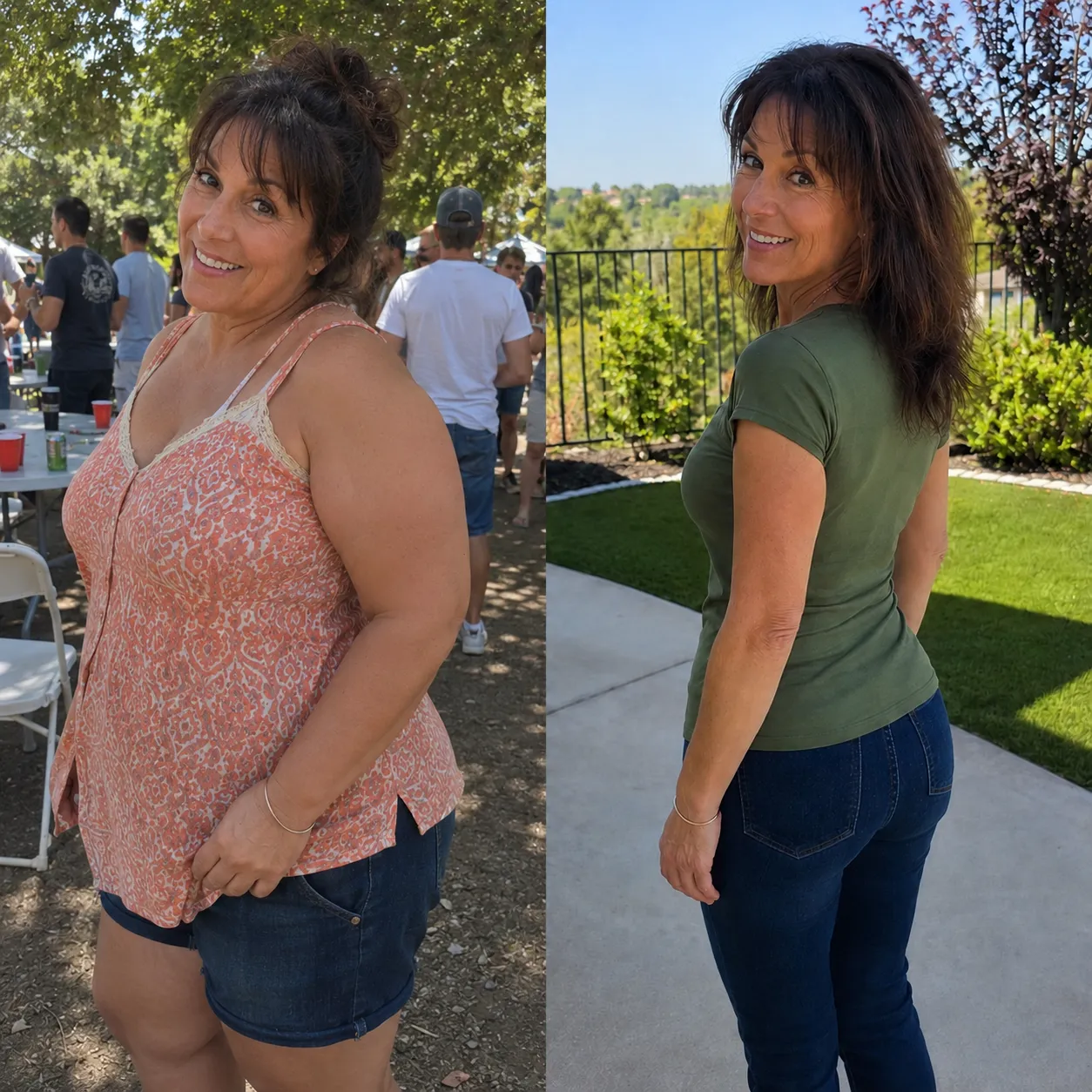 Seller before-and-after marketing image: outdoor portraits of a woman in different outfits