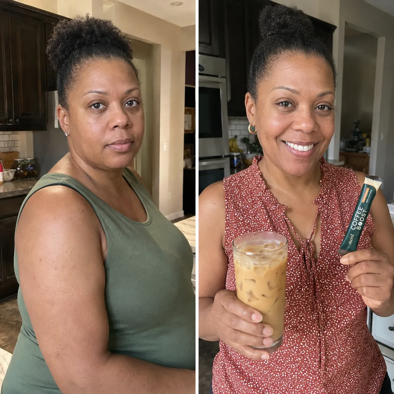 Seller before-and-after marketing image: portraits of a woman, the after panel showing a coffee sachet and iced coffee
